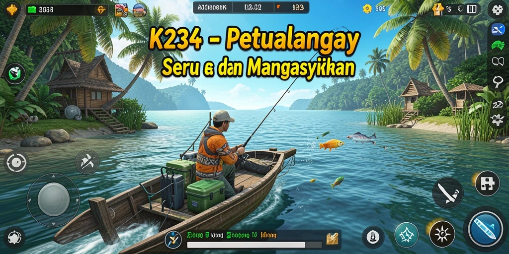 Tampilan gameplay K234 saat memancing dengan berbagai ikan yang menarik.