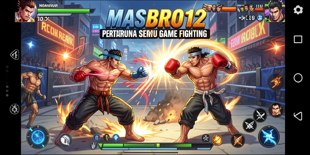 Screenshot utama MASBRO12 menampilkan aksi pertarungan yang mendebarkan.