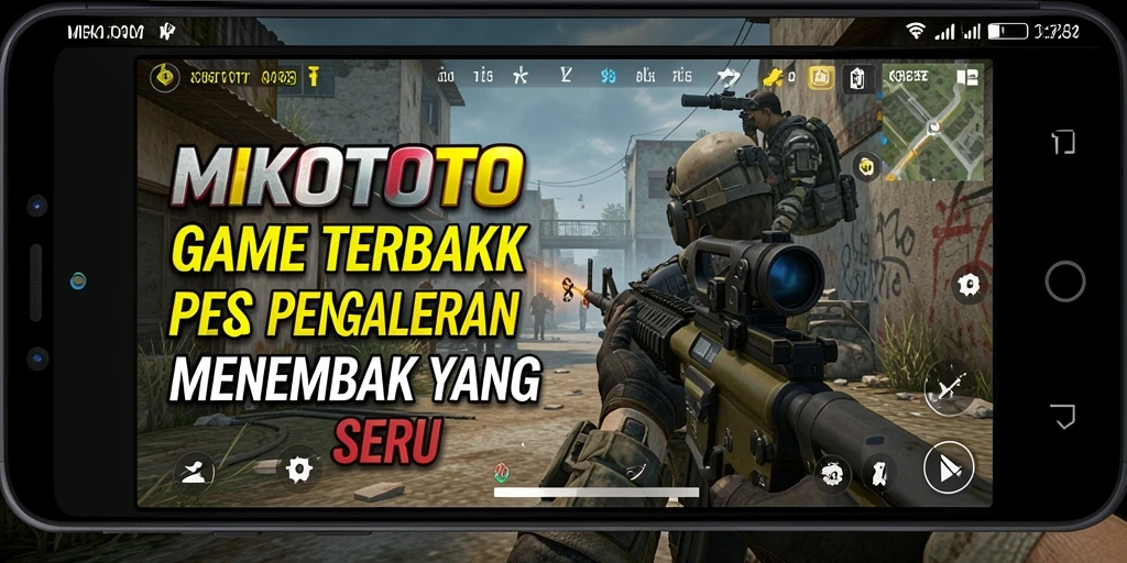 Screenshot gameplay MIKOTOTO menampilkan aksi menembak yang seru di medan pertempuran.