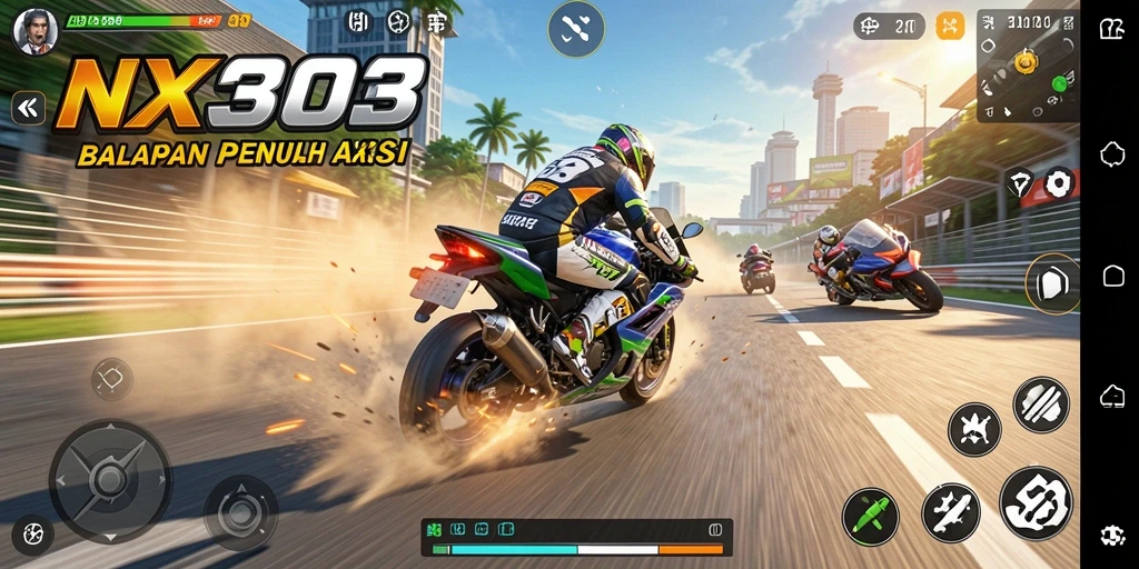 Gameplay mendebarkan NX303 dengan berbagai lintasan balap motor.