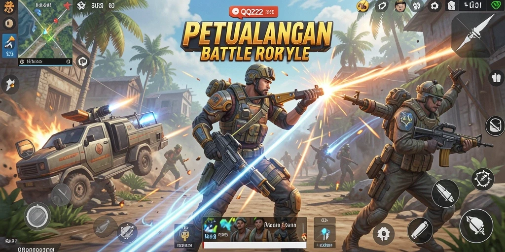 Tampilan dinamis gameplay QQ222 di dunia Battle Royale.