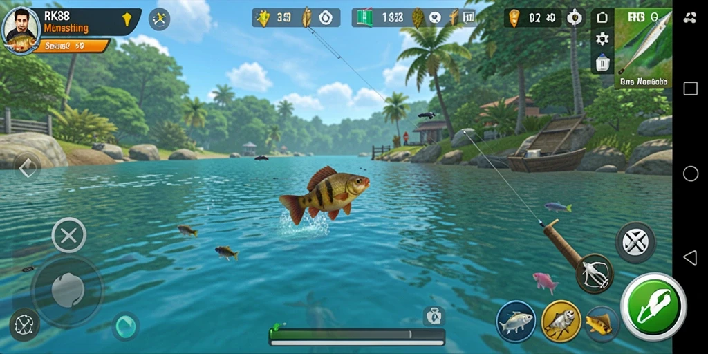 Screenshot gameplay RK88 menampilkan aksi seru memancing ikan di laut.