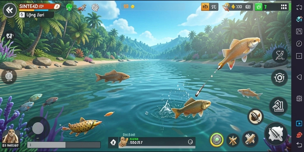 Screenshot gameplay SINTE4D saat memancing di lokasi indah.