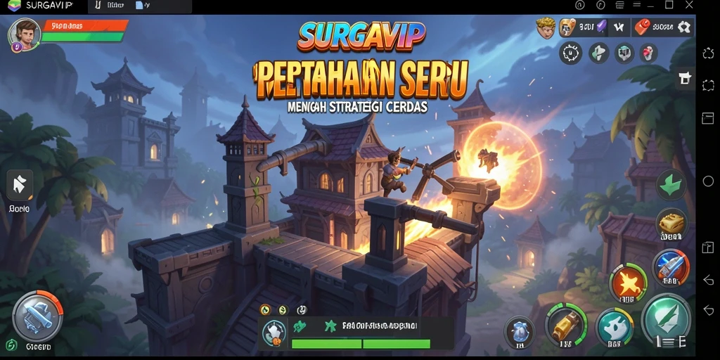 Tampilan gameplay mendebarkan di SURGAVIP dengan menara dan musuh yang menantang.